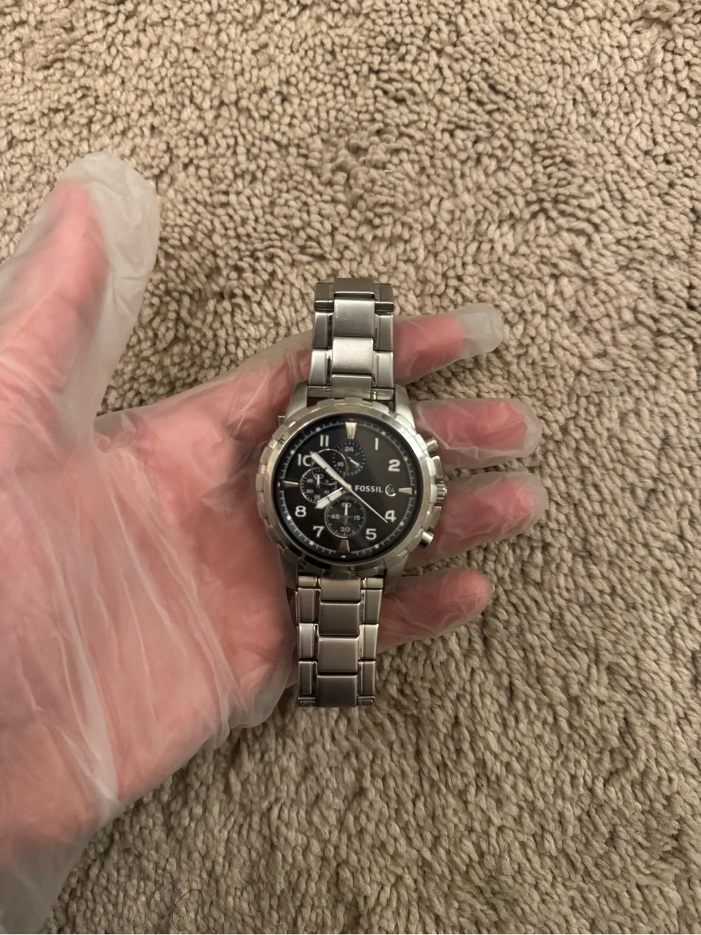 Fossil Silver Stainless Steel Chronograph Watch with Black Dial